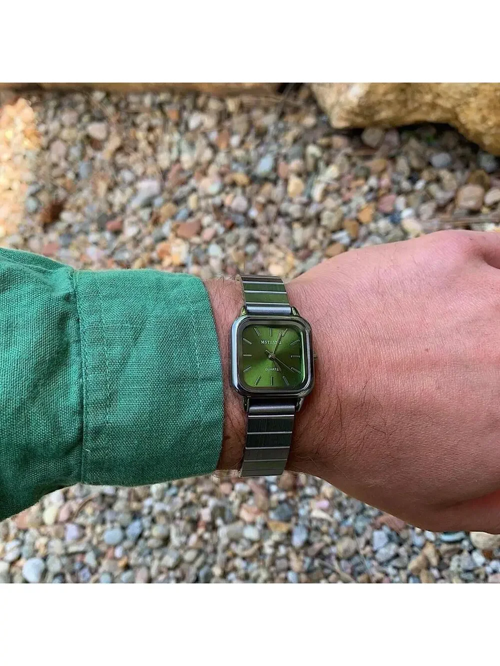 Green Face Stainless silver square watch. Classy sporty style watch. Stainless